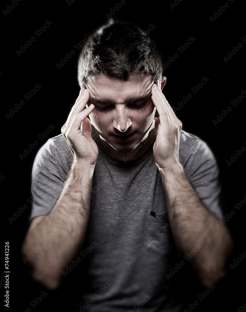 man suffering migraine headache in pain hands on tempo man suffering migraine headache in pain hands on tempo