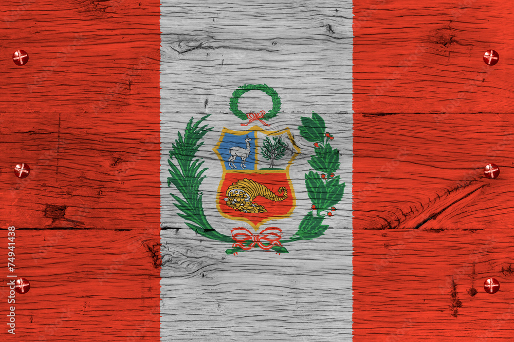 Peru national flag painted old oak wood fastened