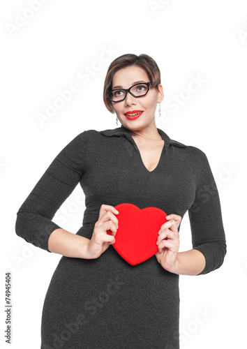 Beautiful plus size woman with red heart photo