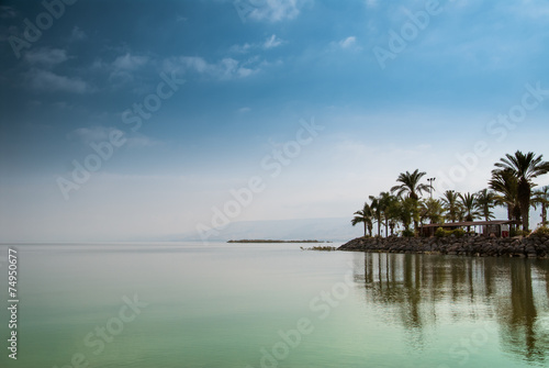 Fotomurale Kinneret, Galilee sea, Israel, Tiberias lake with palms