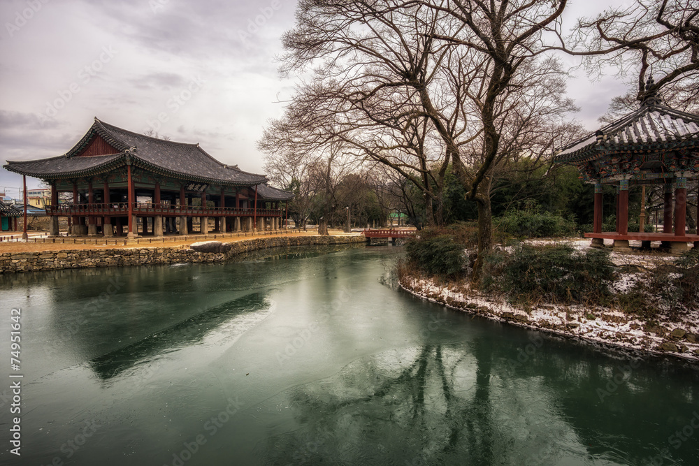Traditional Gwanghalluwon Pavilion scene in winter. Traditional Gwanghalluwon Pavilion scene in winter.