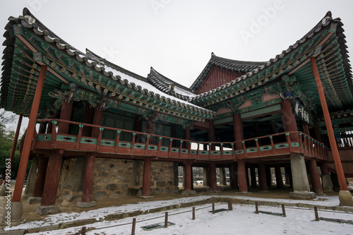 Gwanghalluwon Pavilion in winter taken up close.