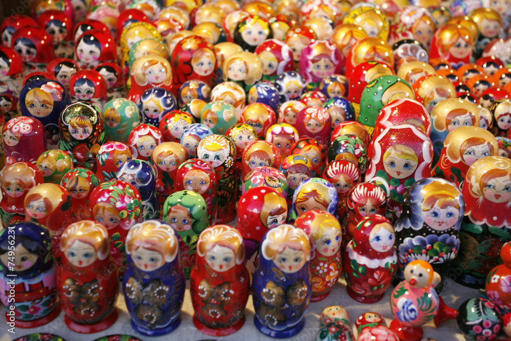 Colorful russian nesting dolls matreshka at the market.