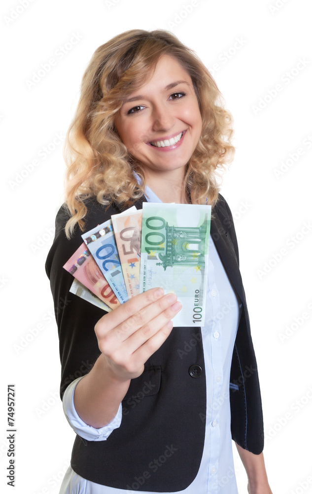 Frau mit blonde Haaren hält Geldscheine Frau mit blonde Haaren hält Geldscheine