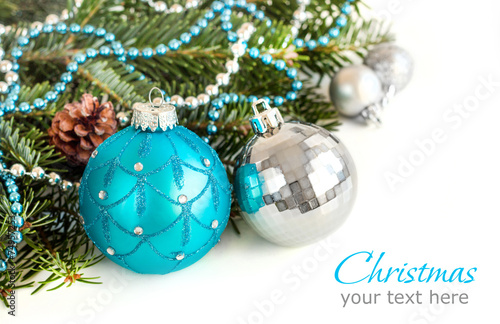 Turquoise and silver Christmas ornaments border