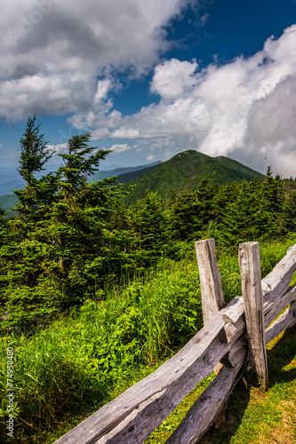 Fence and view of the Appalachians from Mount Mitchell, North Ca