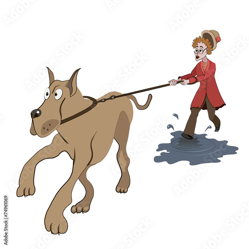 Old lady trying to walk with big dog on the puddle
