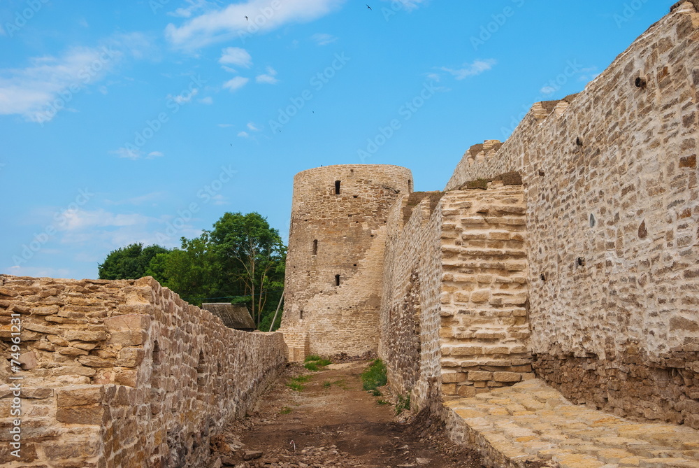 Ruins of  ancient fortress in  old Russian city of Izborsk