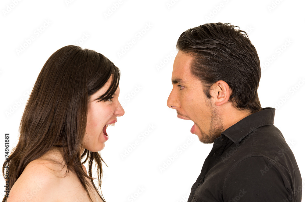 young attractive couple fighting screaming to each other young attractive couple fighting screaming to each other