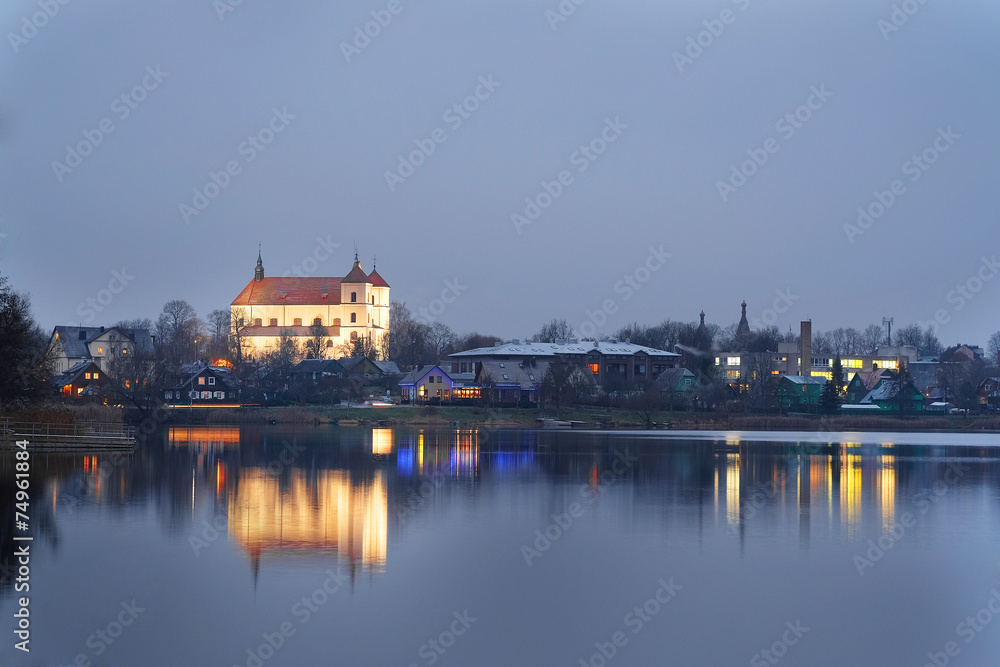 The image of Trakai lake in a night