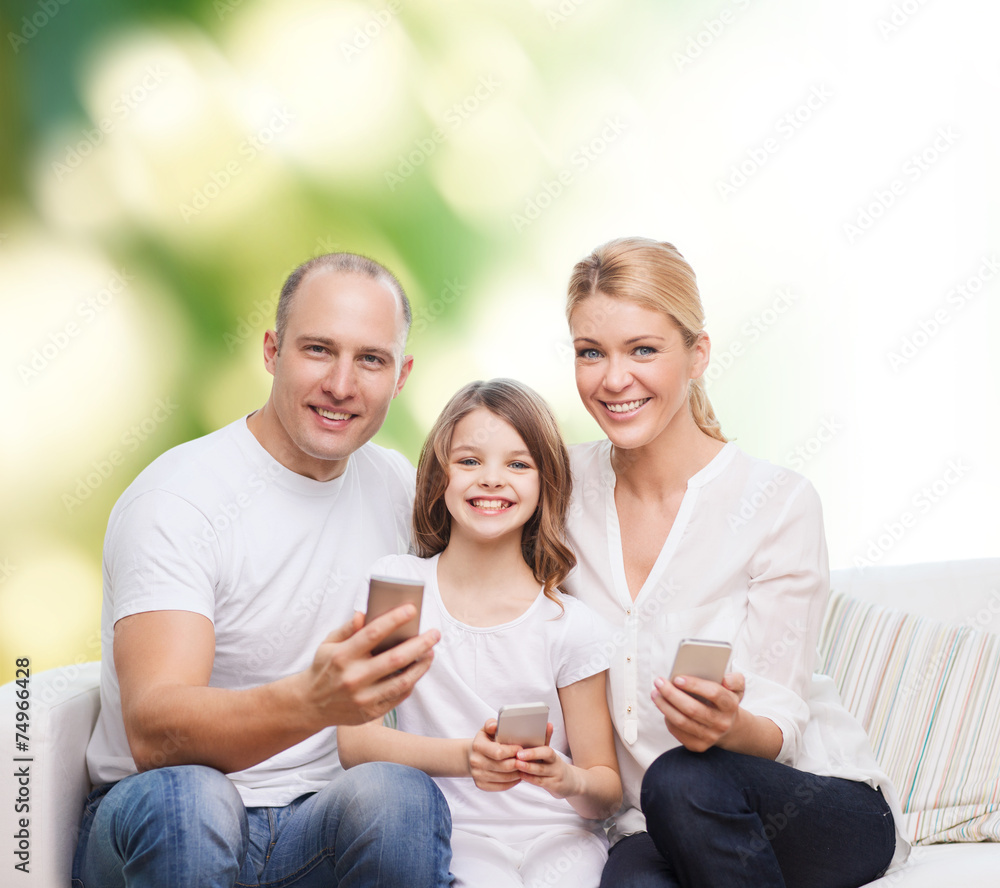 happy family with smartphones happy family with smartphones