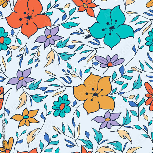 Vector seamless hand-drawn pattern with flowers and leaves. Colo