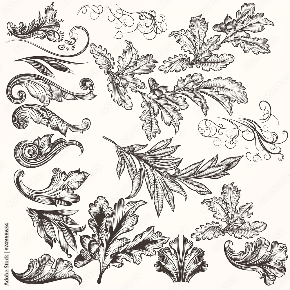 Fototapeta premium Collection of vector hand drawn swirls in vintage style