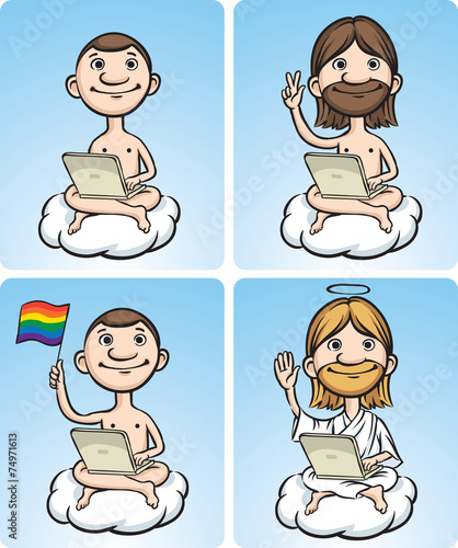 Nude cartoon men on a cloud with laptop