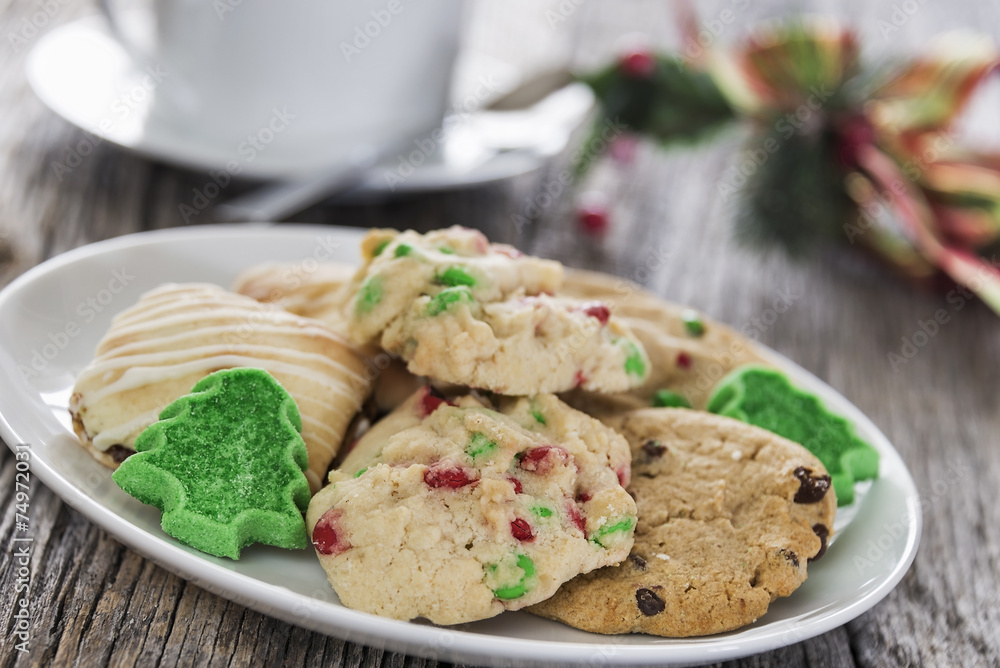 Christmas holiday cookies on a rustic wood background Christmas holiday cookies on a rustic wood background