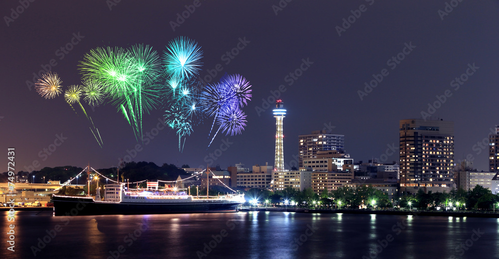 Fireworks celebrating over  marina bay in Yokohama City