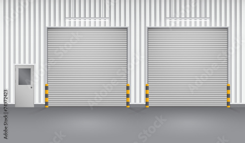 Roller door or roller shutter. Also called security door or security shutter. For protect residential, commercial and industrial building i.e. house, factory, warehouse, hangar. Vector illustration.