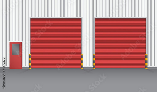 Roller door or roller shutter. Also called security door or security shutter. For protect residential, commercial and industrial building i.e. house, factory, warehouse, hangar. Vector illustration.
