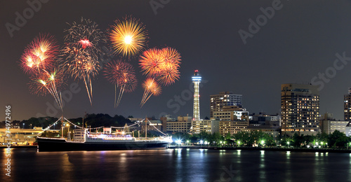 Fireworks celebrating over marina bay in Yokohama City