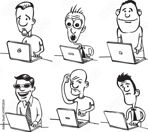 whiteboard drawing - comic doodle dudes with laptops