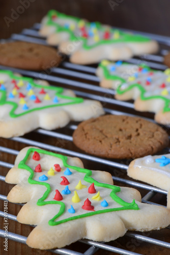Holiday Cookies On Cooling Rack and  Rustic Wood Background for