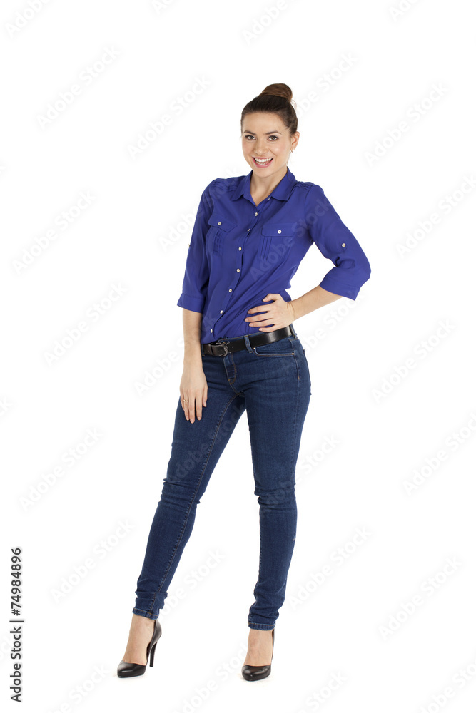 Portrait of a beautiful woman in blue jeans and blue shirt Portrait of a beautiful woman in blue jeans and blue shirt