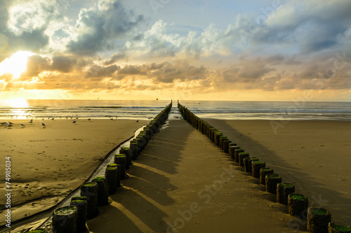 Breakwaters on the beach at sunset in Domburg Holland