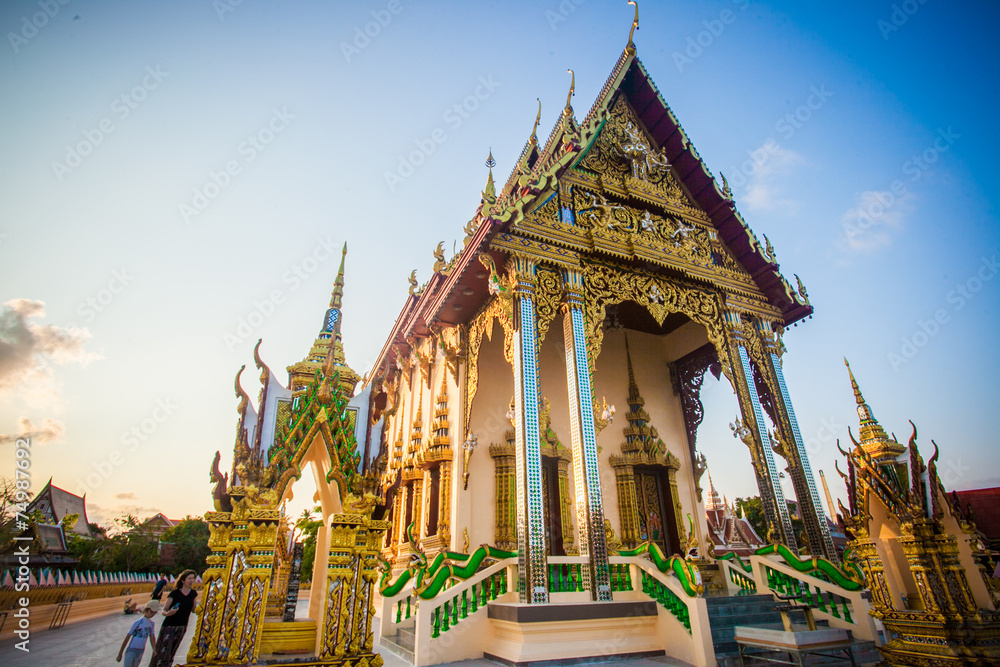 Beautiful temple isometric in Thailand on Koh Samui and blue sky