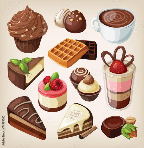 Set of chocolate sweets, cakes and other chocolate food