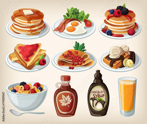 Classic breakfast cartoon set with pancakes, cereal, toasts and
