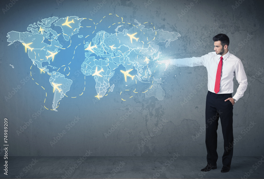 Business person showing digital map with planes around the world Business person showing digital map with planes around the world