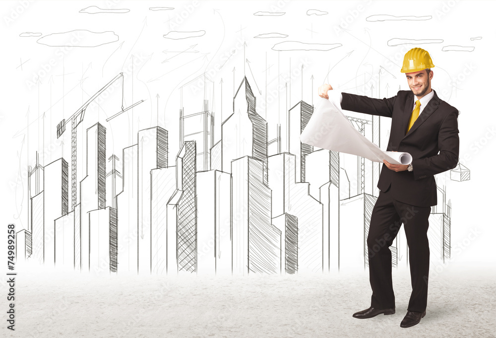 Engineer man with building city drawing in background Engineer man with building city drawing in background