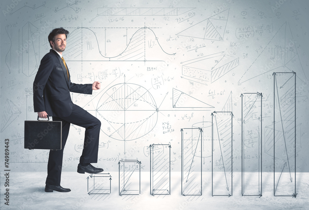 Business man climbing up on hand drawn graphs concept