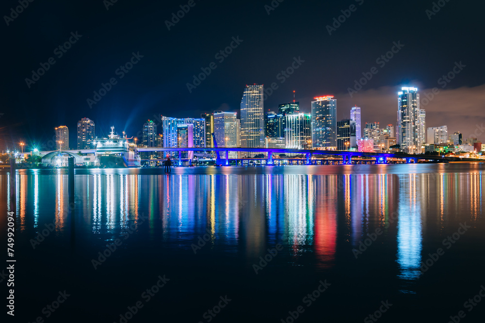 The Miami Skyline at night, seen from Watson Island, Miami, Flor The Miami Skyline at night, seen from Watson Island, Miami, Flor