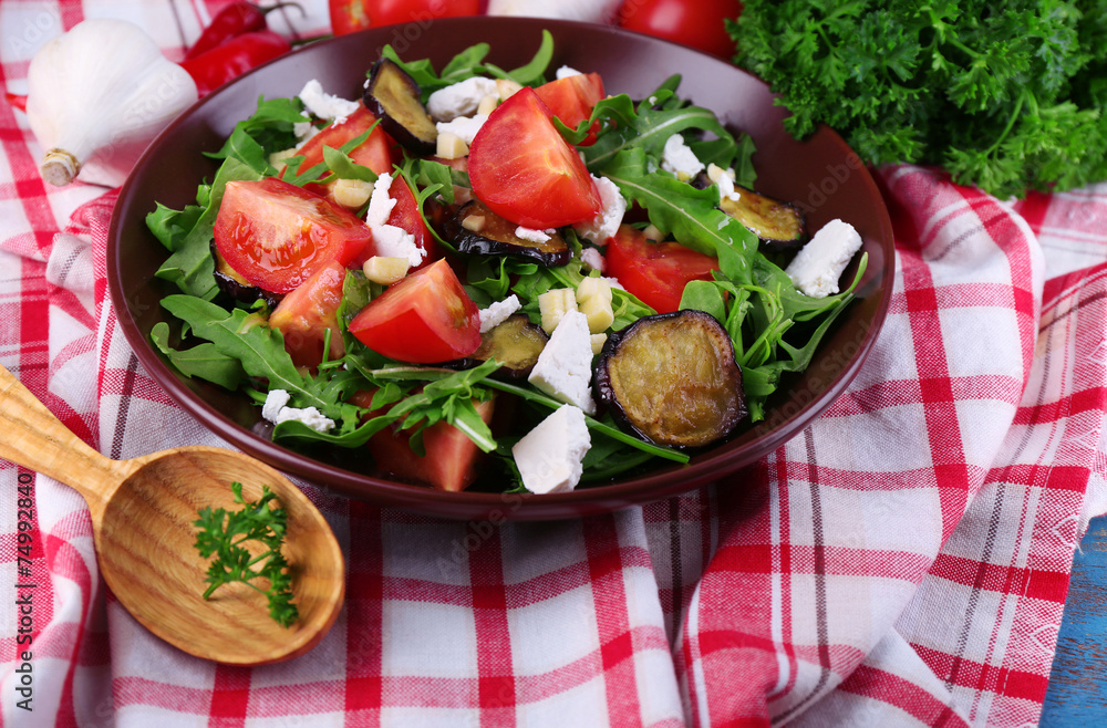 Eggplant salad with tomatoes, arugula and feta cheese, Eggplant salad with tomatoes, arugula and feta cheese,