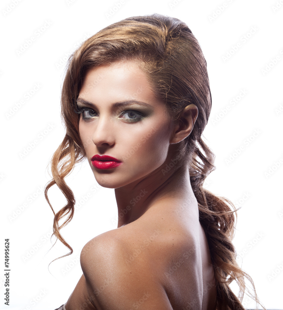 young woman with bright lipstick and curly hair young woman with bright lipstick and curly hair