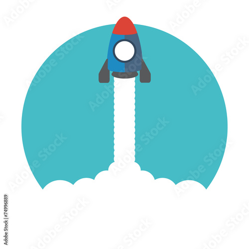 Space rocket flying in sky, flat design colored vector illustrat