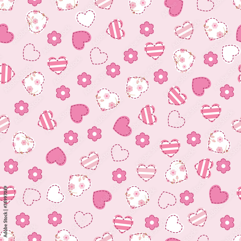 Fototapeta premium Seamless pattern with pink hearts and flowers