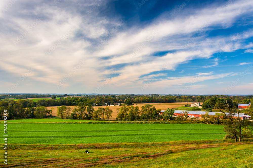 View of farm fields in rural Lancaster County, Pennsylvania.