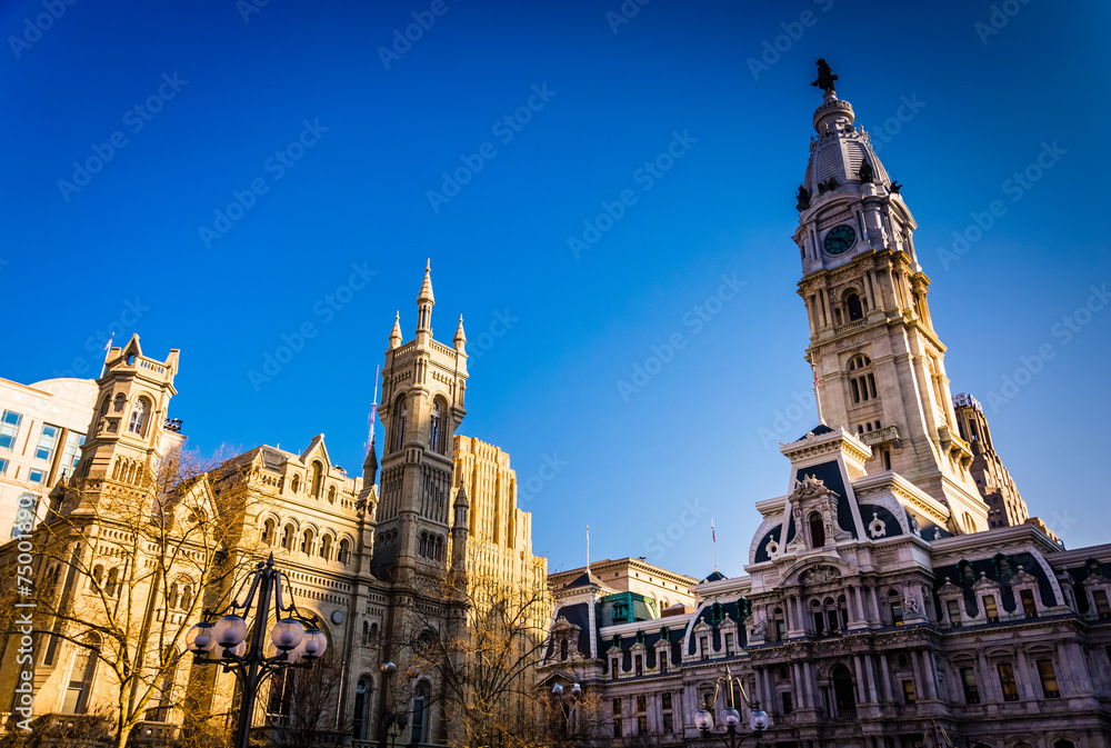 Evening light on City Hall and the Masonic Temple, in Philadelph