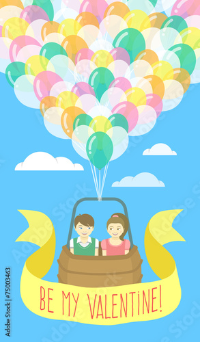 Couple in love flying on balloons