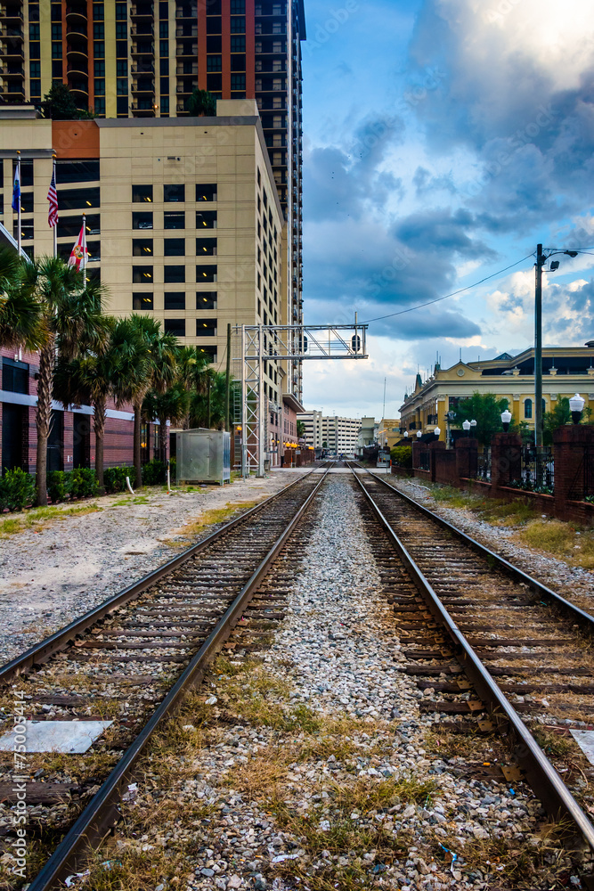 Railroad tracks and buildings in Orlando, Florida.