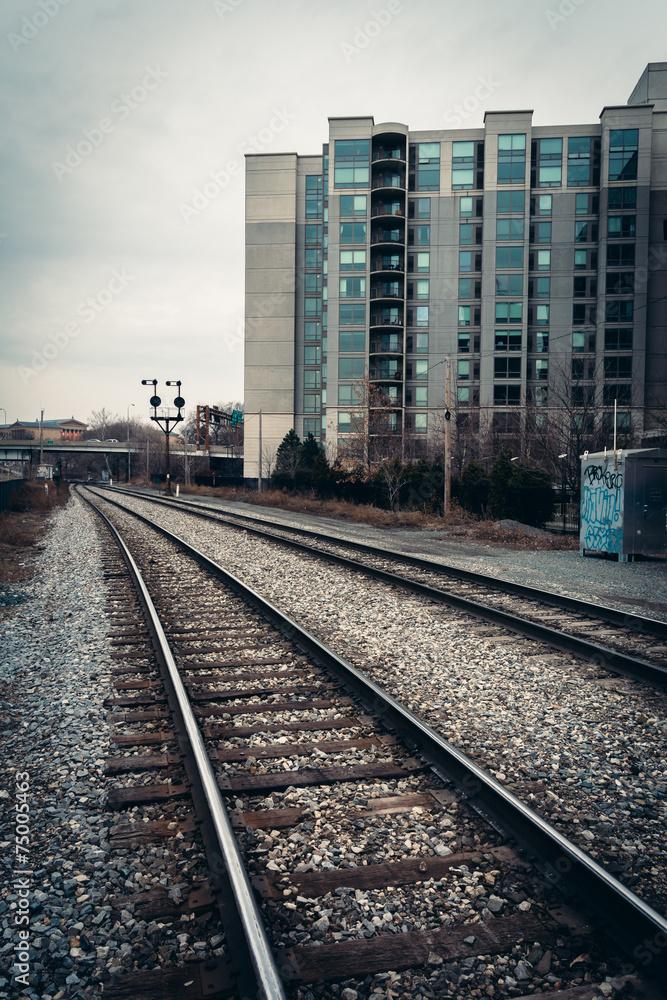 Railroad tracks and buildings in Philadelphia, Pennsylvania.