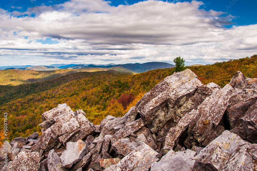 Autumn view of the Blue Ridge Mountains from the boulder-covered