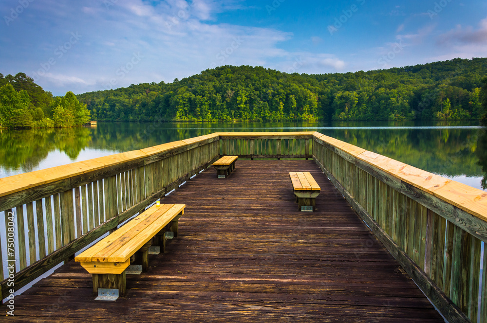 Benches on a small pier at Lake Oolenoy, Table Rock State Park,