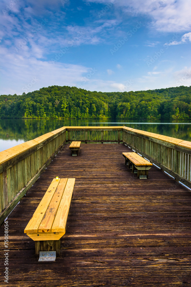 Benches on a small pier at Lake Oolenoy, Table Rock State Park,