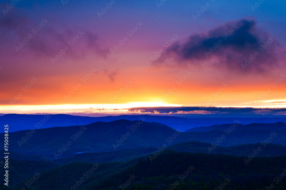Colorful spring sunset over the Blue Ridge Mountains from Skylin