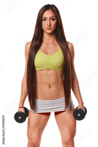 Sexy athletic woman with dumbbells. Fitness girl, Isolated
