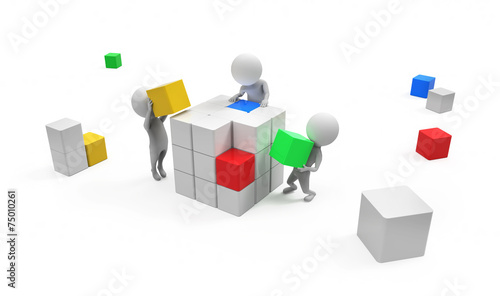 Small people constructing cube