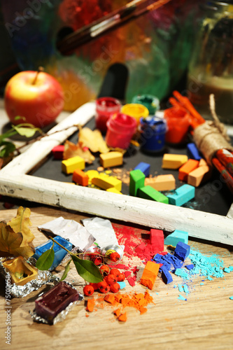 Beautiful still life with professional art materials, close up